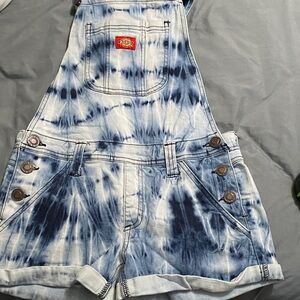 Dickies Blue and White Tie-Dye Denim Short Overalls